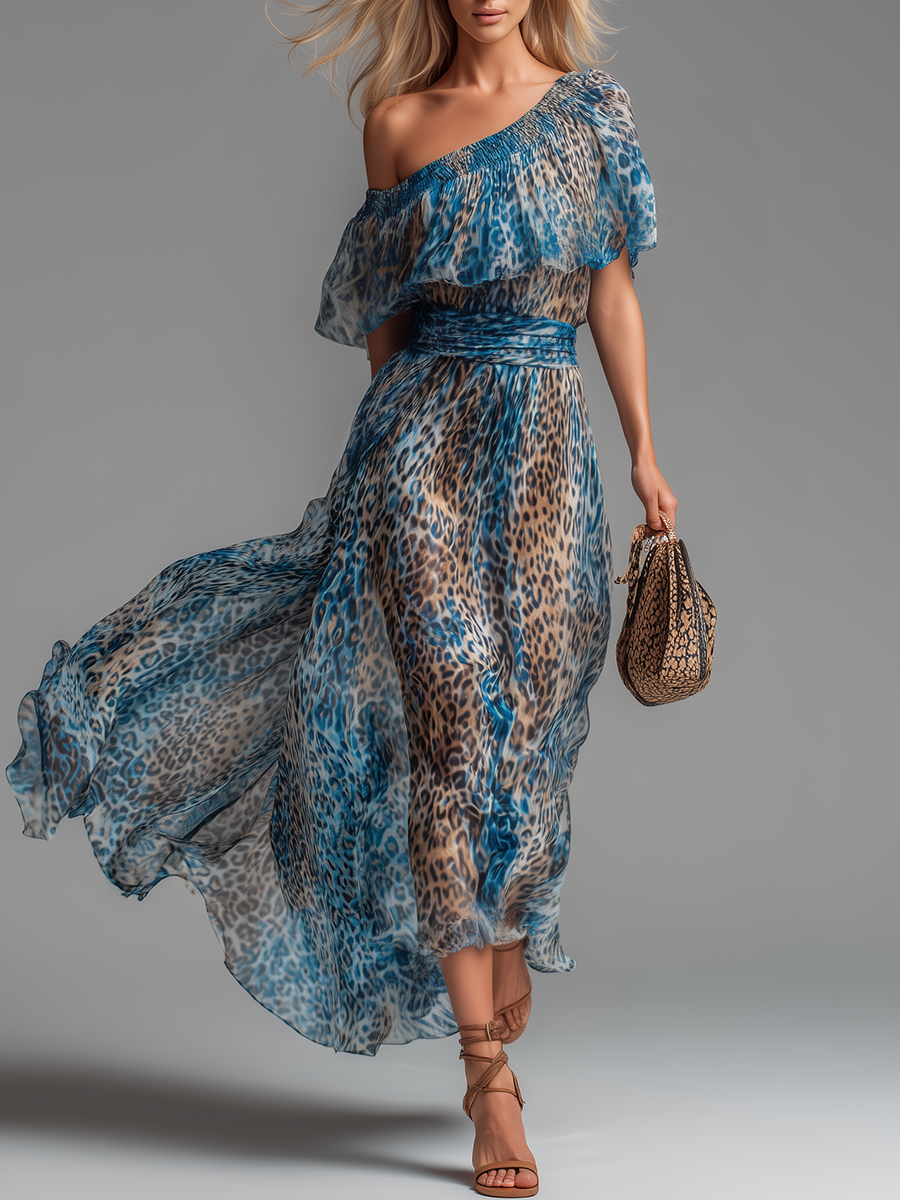 Selena | Leopard Print Chiffon Off-Shoulder Maxi Dress
