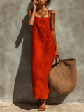 Nathalia | Red Cotton Dress With Spaghetti Straps & Square Neck Timeless Boho-Resort Style Dress