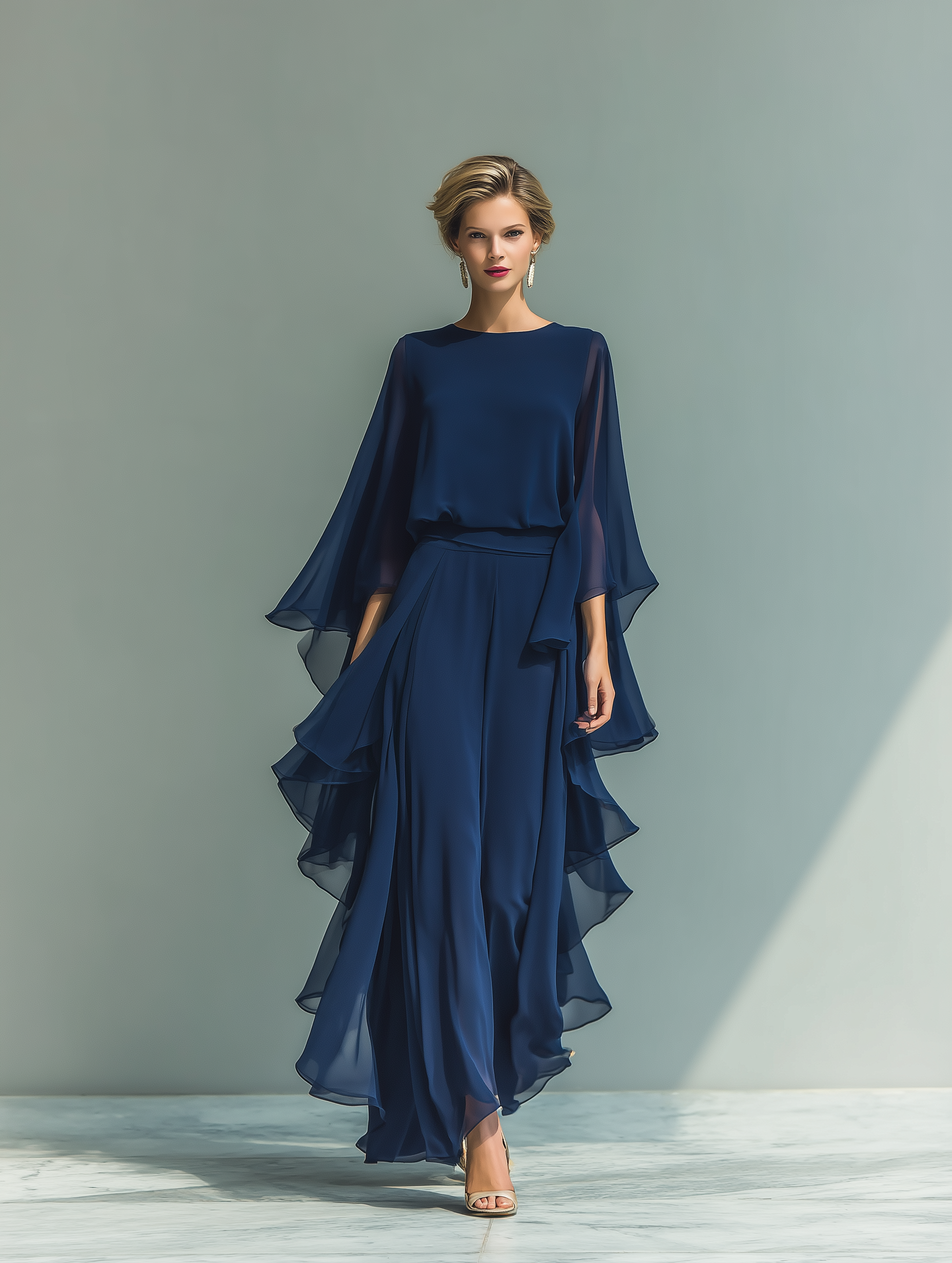 Nora | Navy Blue Chiffon Ruffle Set