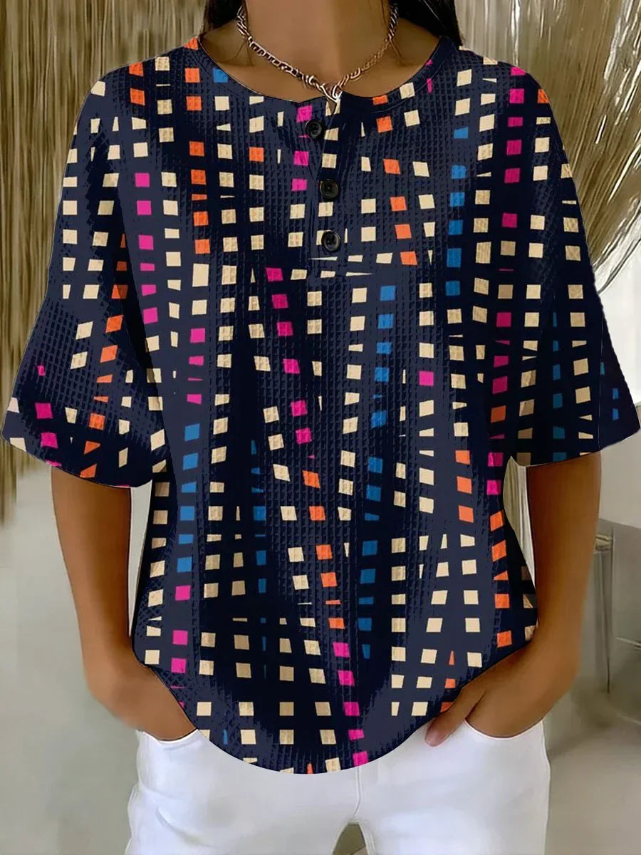 Women's Geometry Art Print Casual Waffle Cotton Shirt
