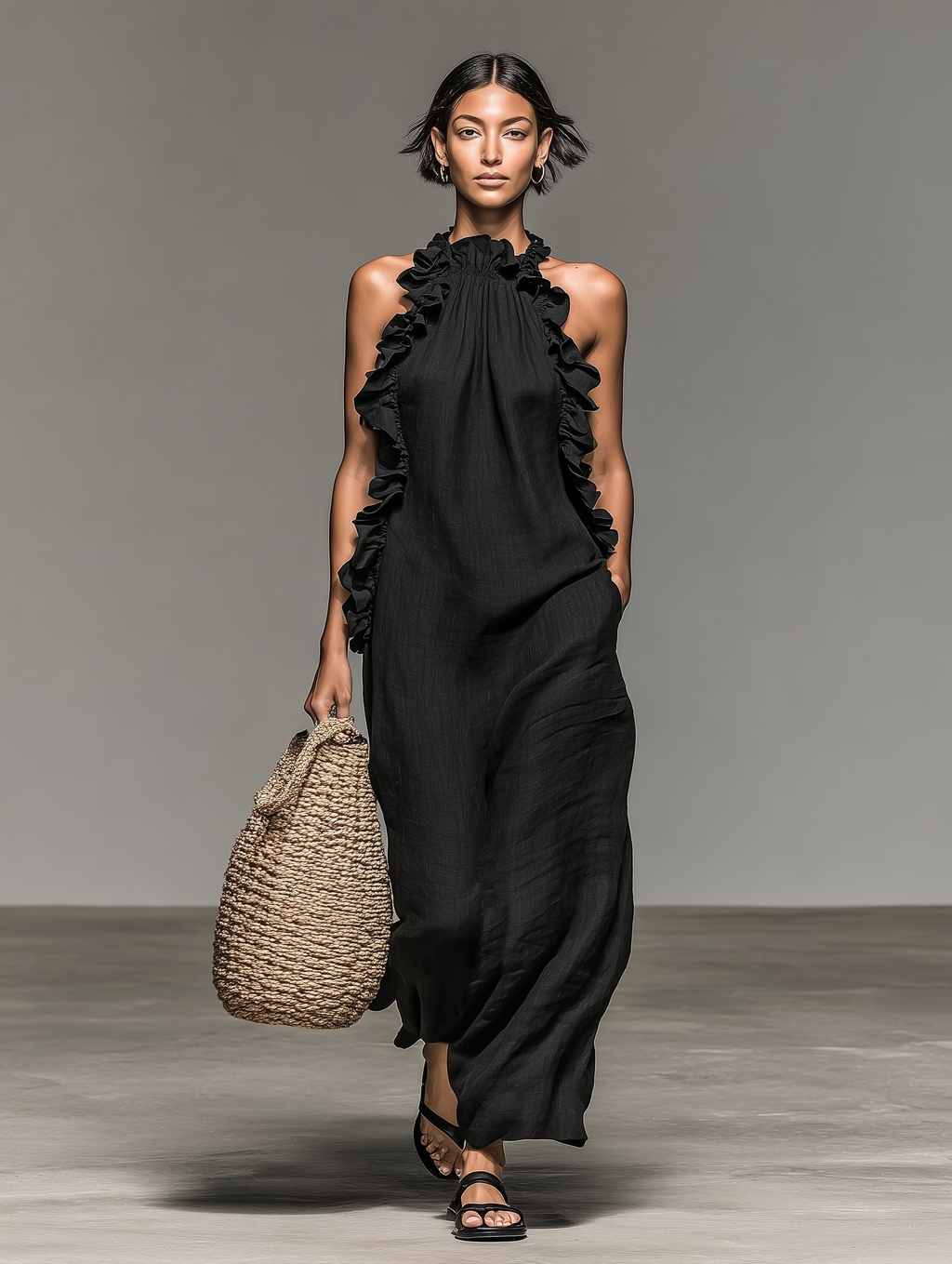 Tamara | Minimalist Linen-blend Sleeveless Maxi Dress With Ruffle Details