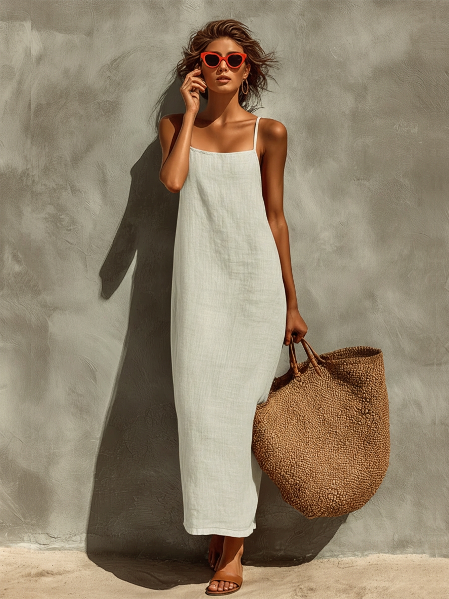 Nathalia | Red Cotton Dress With Spaghetti Straps & Square Neck Timeless Boho-Resort Style Dress