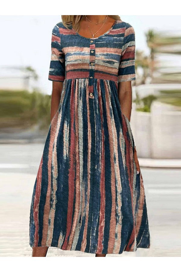 Hana | ELEGANT STRIPED TUMMY-COVERAGE MIDI DRESS