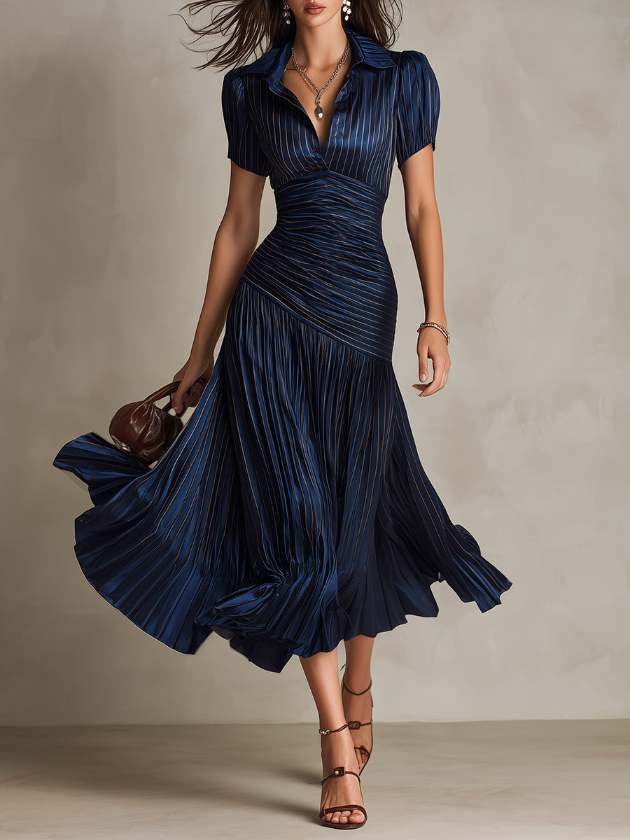 Adriana | Retro Striped Satin Midi Dress