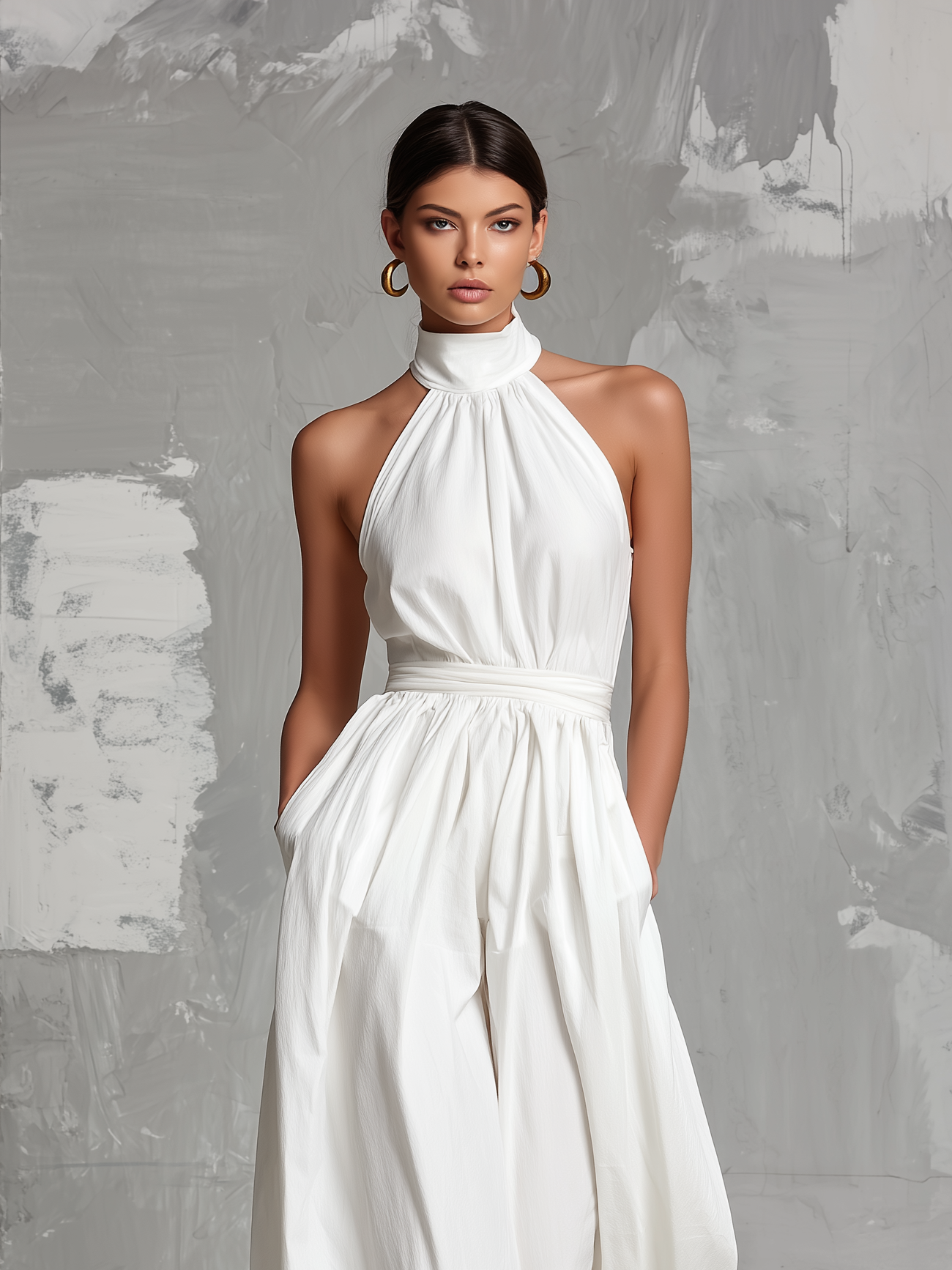 Zoltán | Elegant white woven sleeveless halter-neck jumpsuit