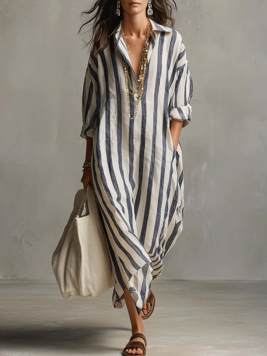 Angelica | Casual Striped Shirt Bohemian Style Maxi Dress