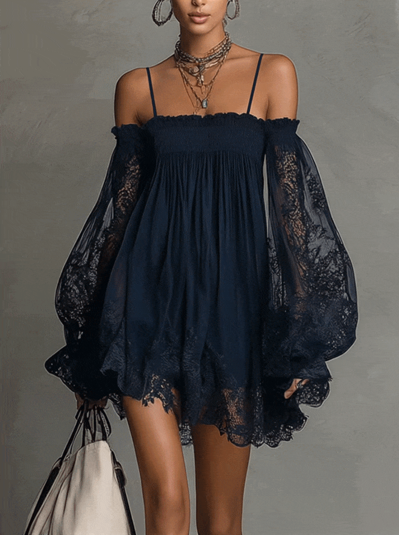 Betty | Navy Off-Shoulder Chiffon Mini Dress