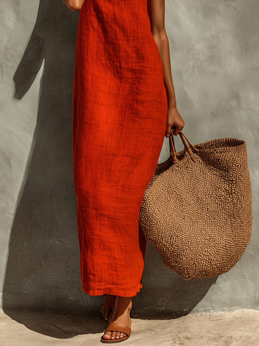 Nathalia | Red Cotton Dress With Spaghetti Straps & Square Neck Timeless Boho-Resort Style Dress