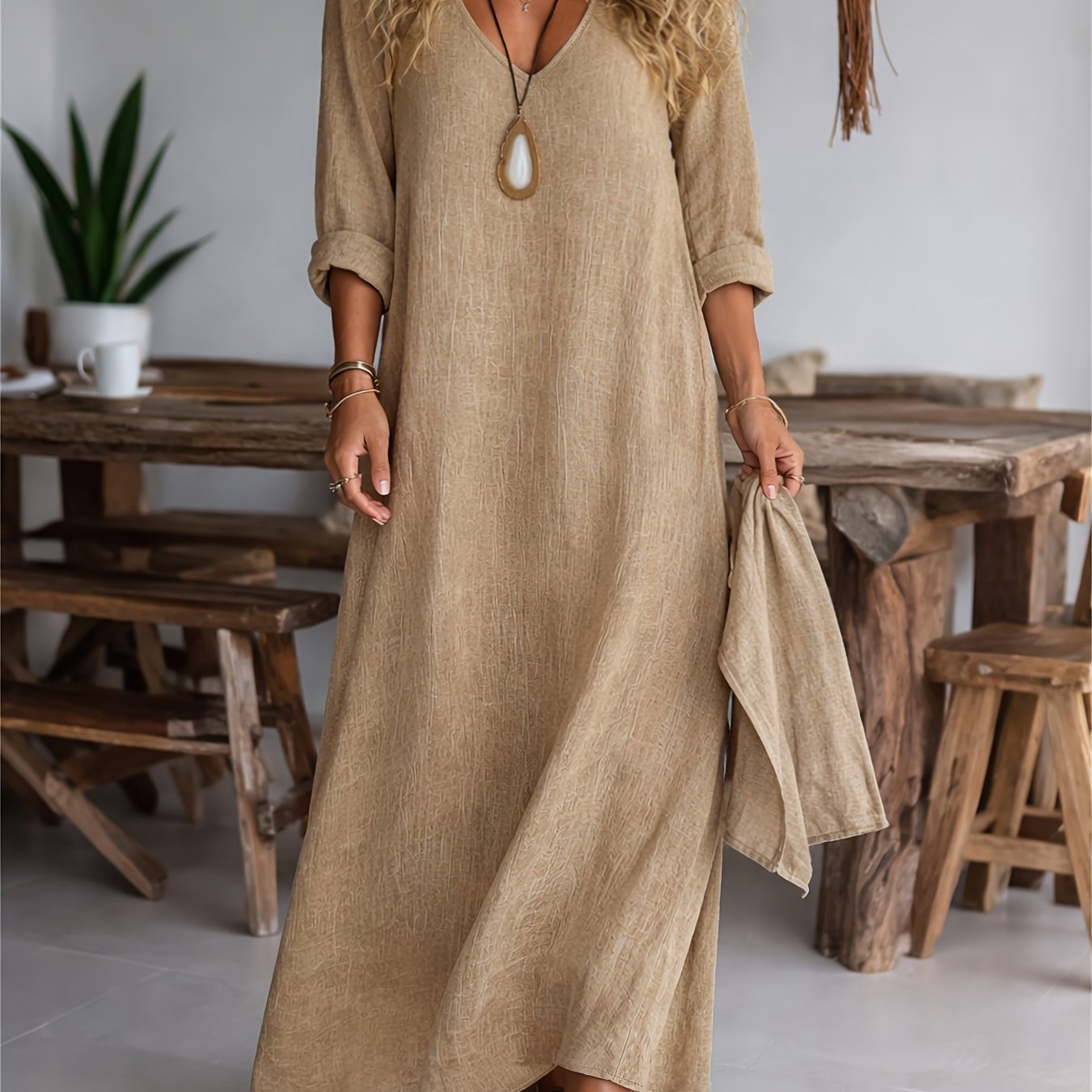 Clarisse | Women's V-neck Long Sleeve Solid Color Casual Loose Dress
