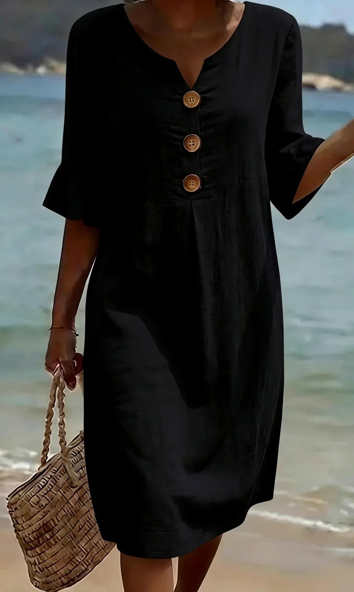 Victoria | Linen-Texture Puff Sleeve Button Dress