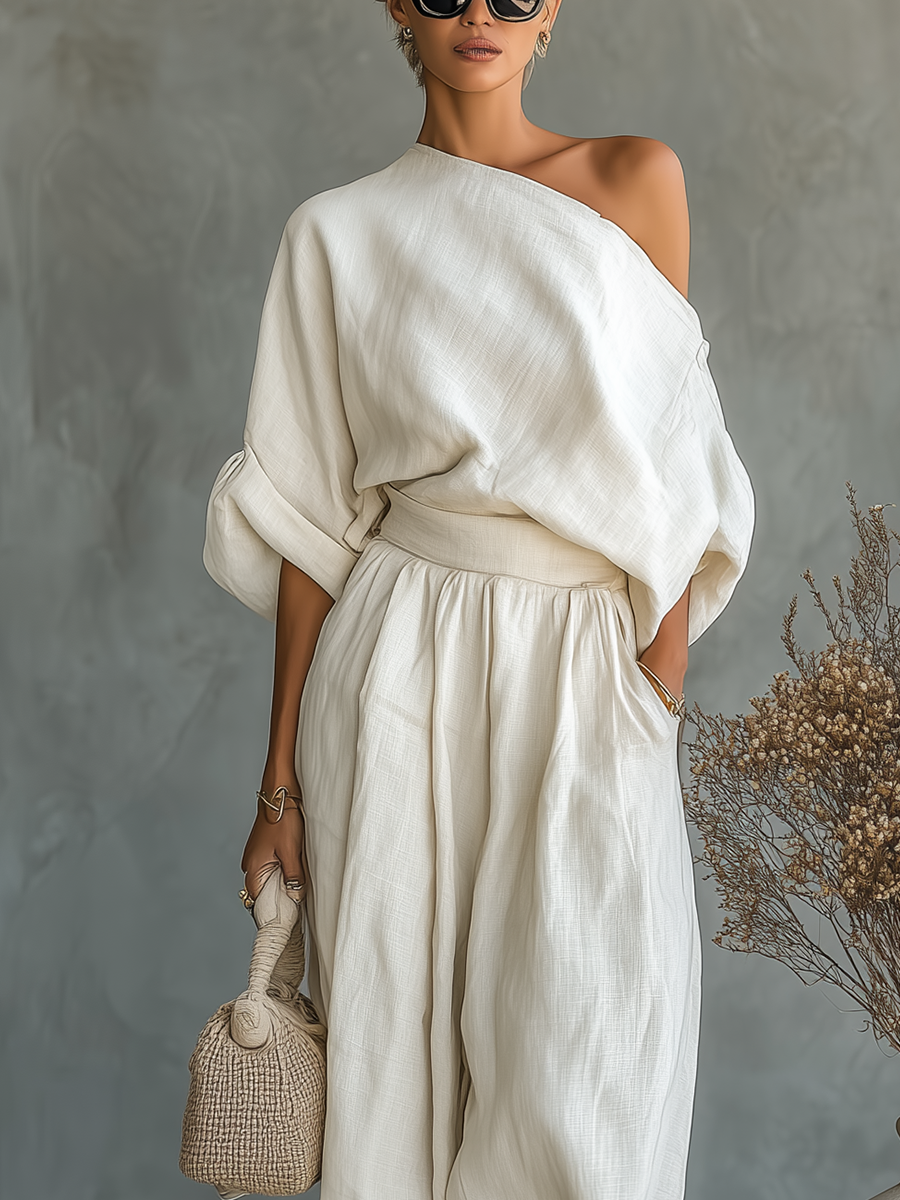 Off-White Linen Set with Off-Shoulder Top and Tapered Pants