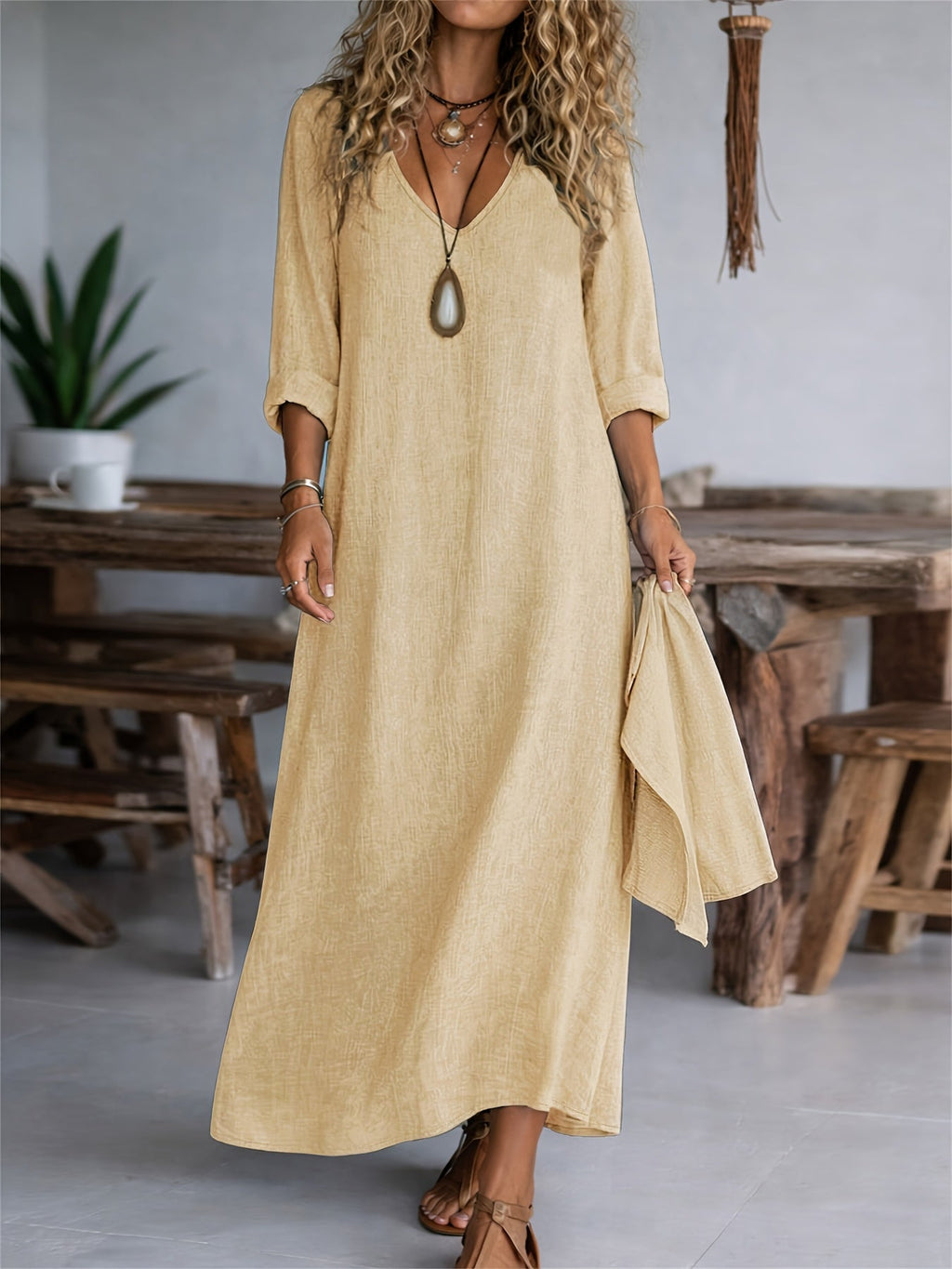 Clarisse | Women's V-neck Long Sleeve Solid Color Casual Loose Dress