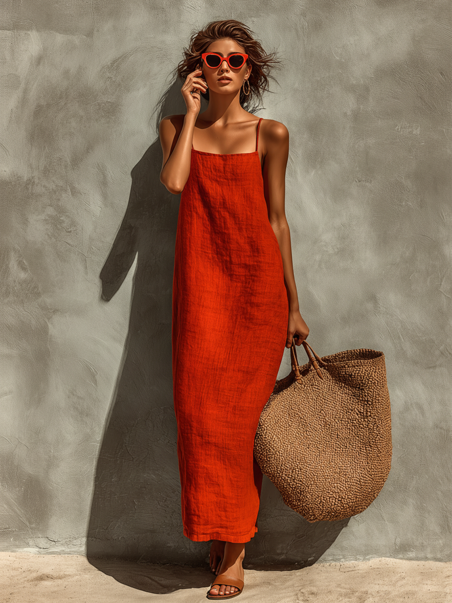Nathalia | Red Cotton Dress With Spaghetti Straps & Square Neck Timeless Boho-Resort Style Dress