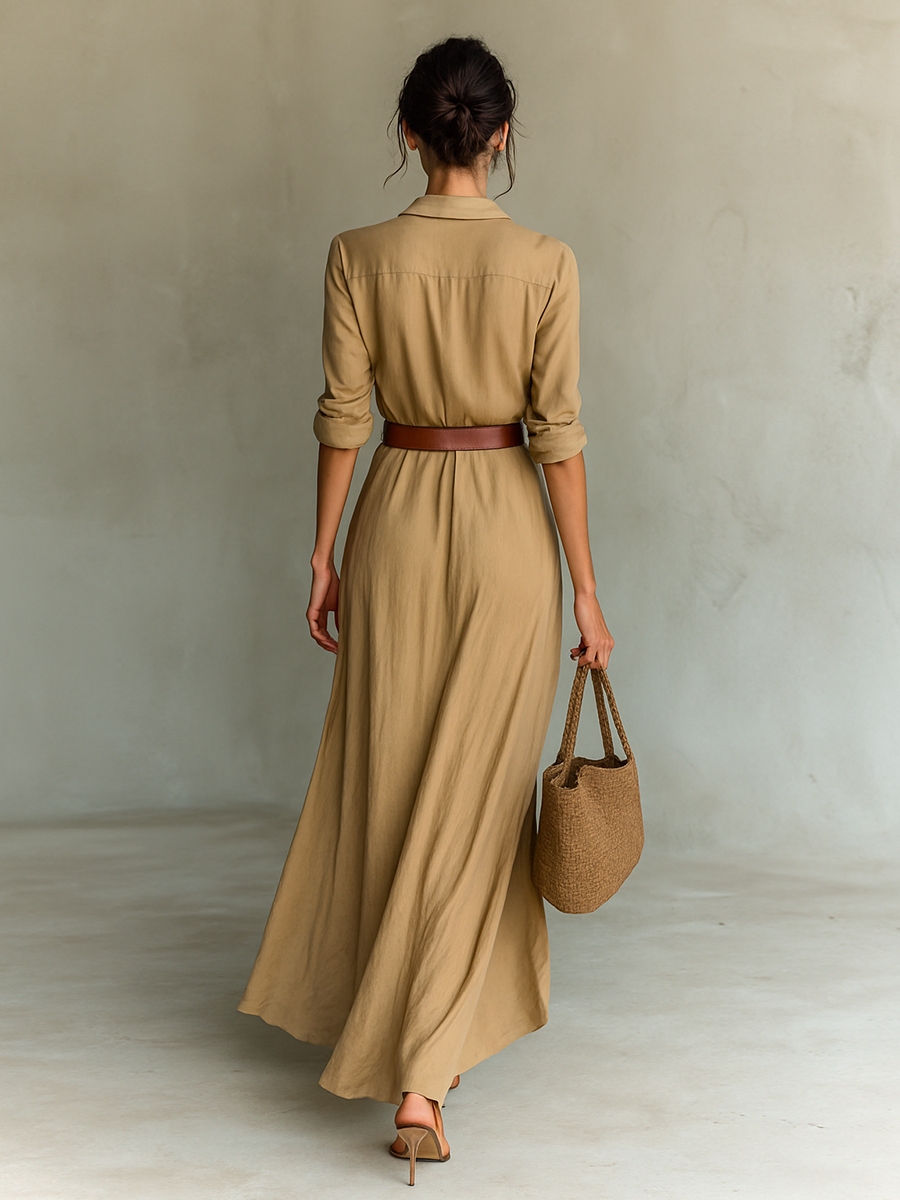 Linnea | Ladies Lapel Single Breasted Long Sleeve Belted Maxi Dress