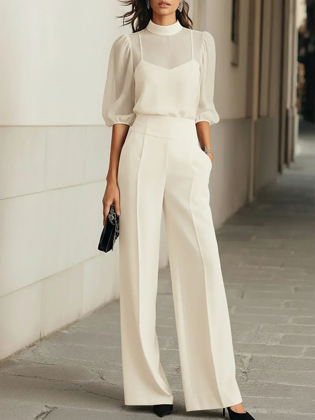 Valentina • Black Three-Piece Set with Sheer Camisole Top and Wide-Leg Trousers