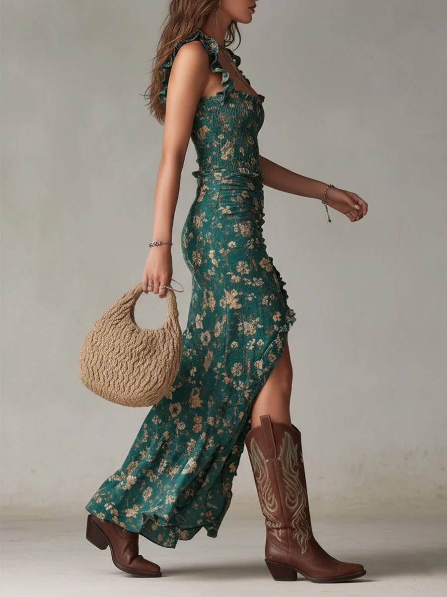 Zara | Bohemian Floral Ruched Maxi Dress