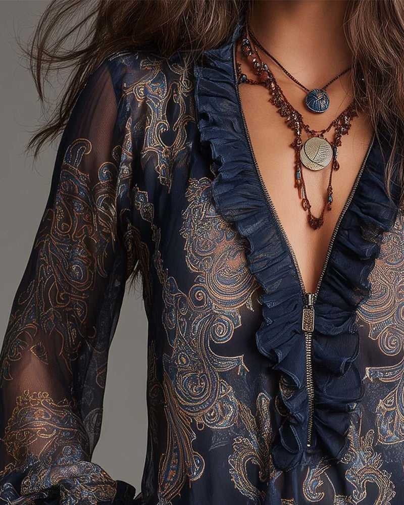 Katie | Refined Blouse with Half-Zip and Ruffles