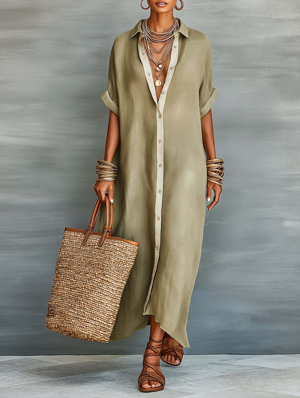 Whitney | Women's Minimalist Linen Blend Short-sleeved Shirt Maxi Dress