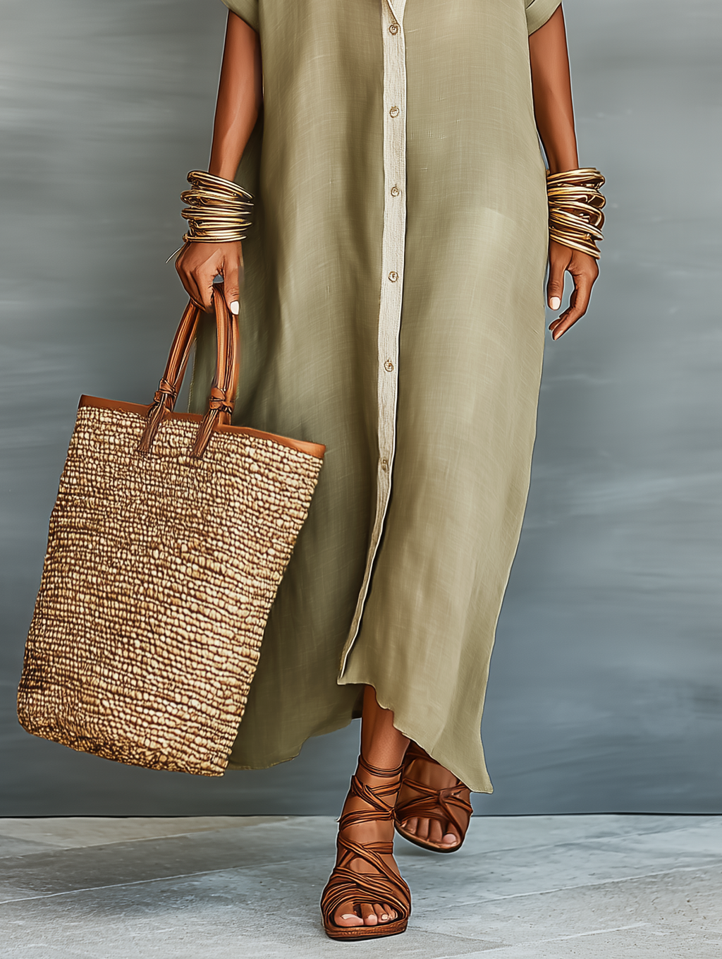 Whitney | Women's Minimalist Linen Blend Short-sleeved Shirt Maxi Dress
