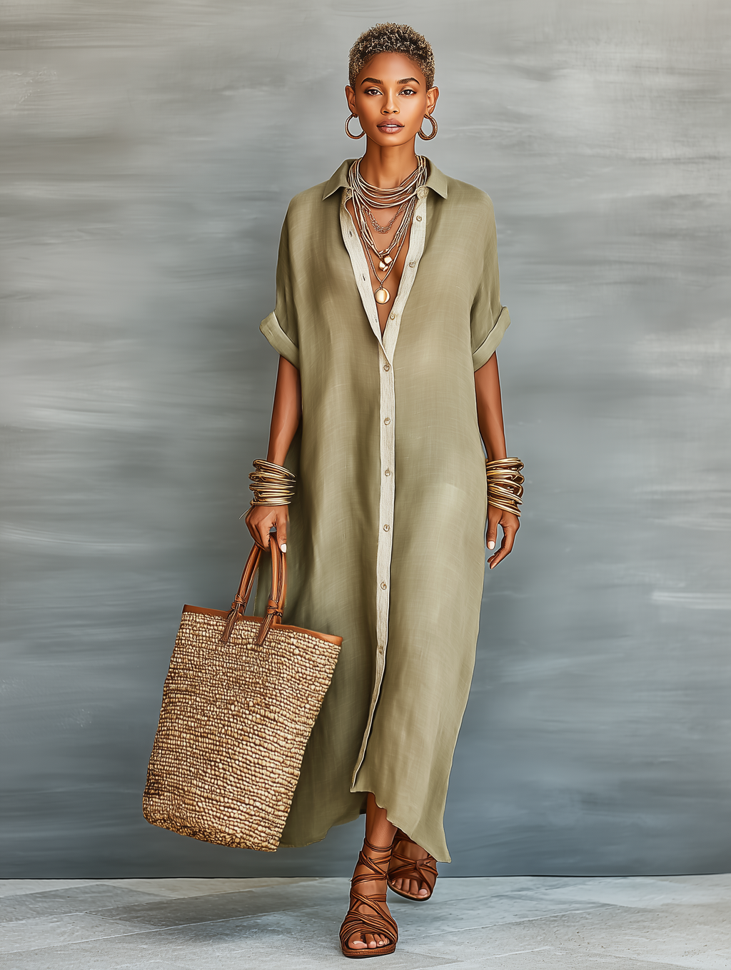 Whitney | Women's Minimalist Linen Blend Short-sleeved Shirt Maxi Dress