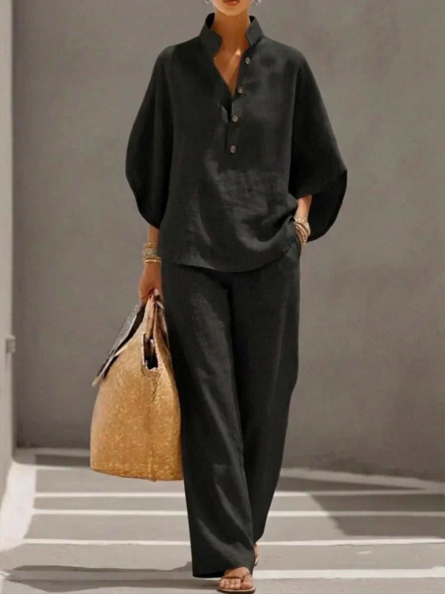 Michelle | Linen Batwing Sleeve Top & Wide-Leg Pants Set