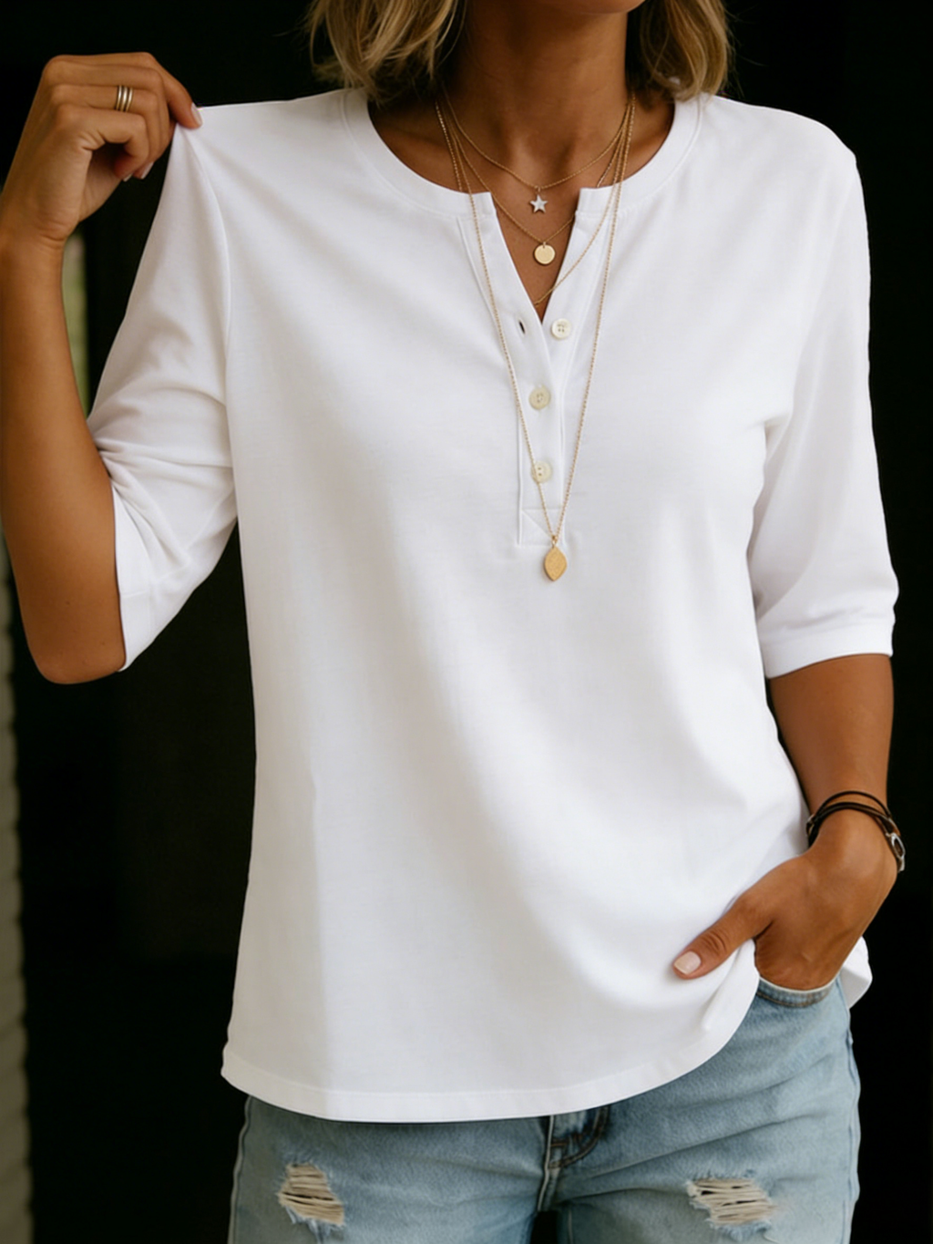 Carmella | Comfortable Solid Button-Neck Henley Top