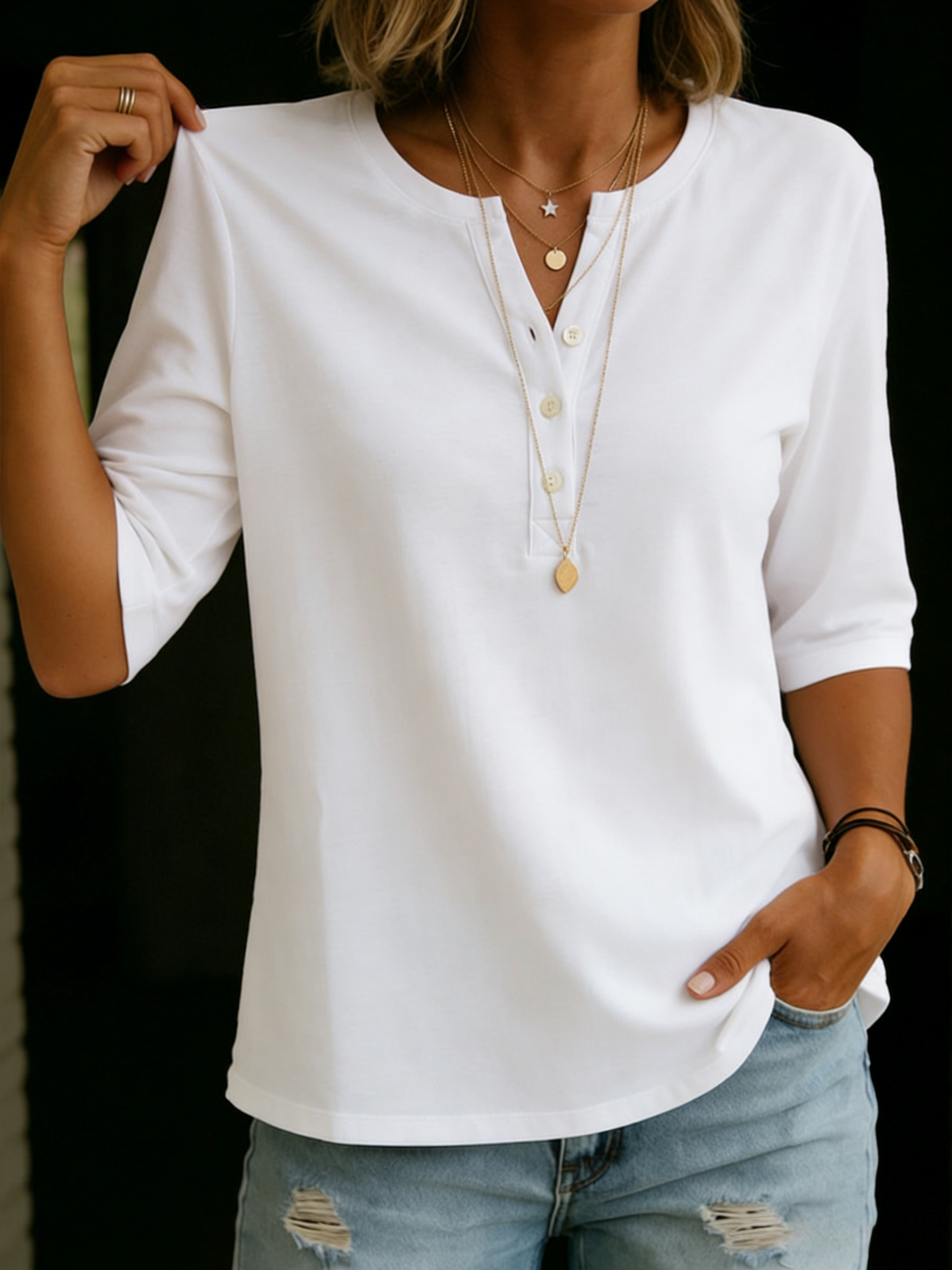 Carmella | Comfortable Solid Button-Neck Henley Top