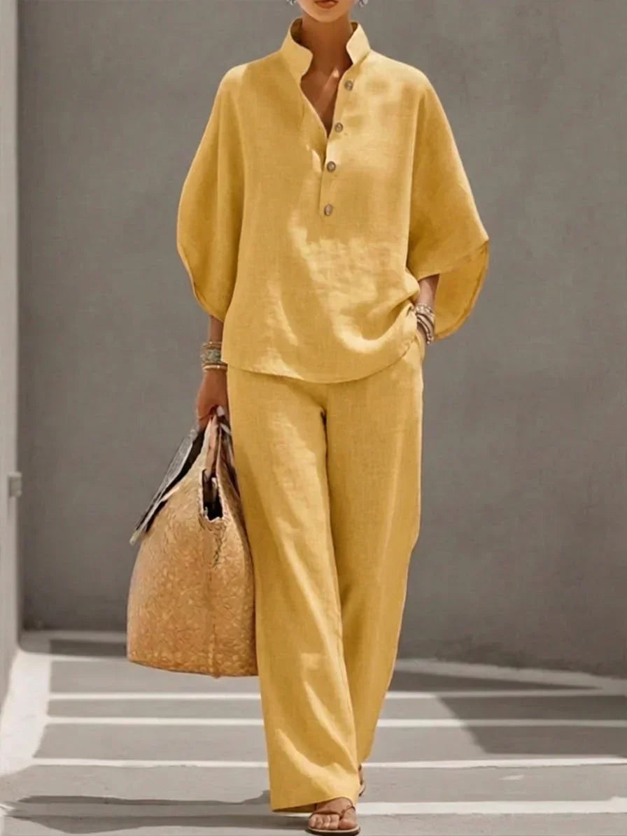 Michelle | Linen Batwing Sleeve Top & Wide-Leg Pants Set
