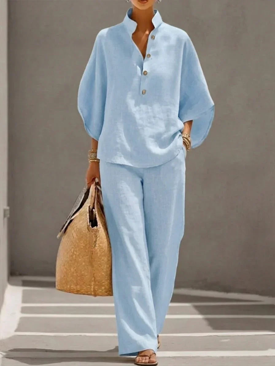 Michelle | Linen Batwing Sleeve Top & Wide-Leg Pants Set