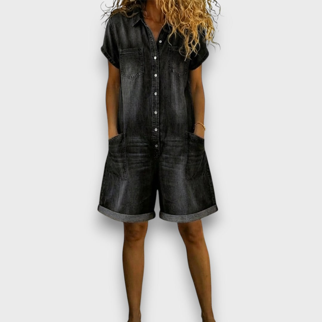 Joan | Short Cotton Denim Effect Overalls