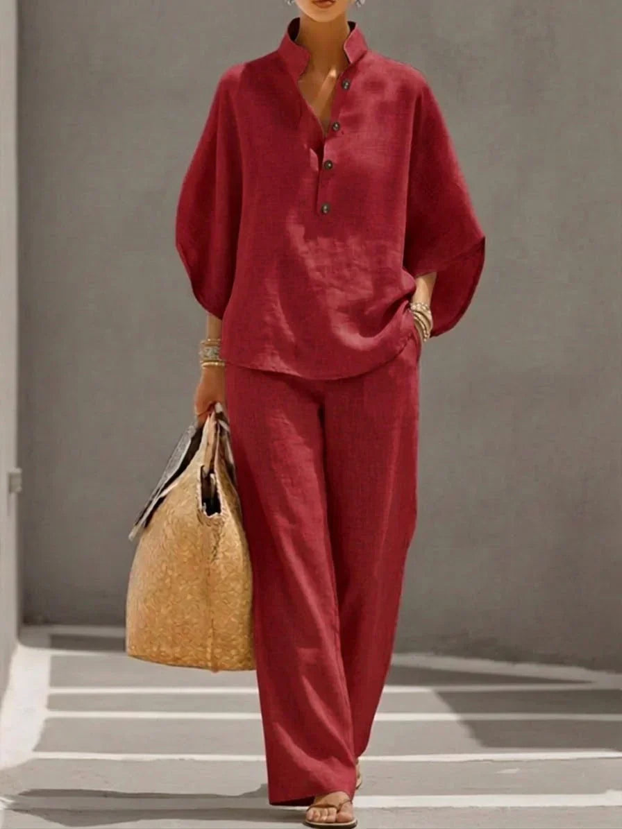 Michelle | Linen Batwing Sleeve Top & Wide-Leg Pants Set