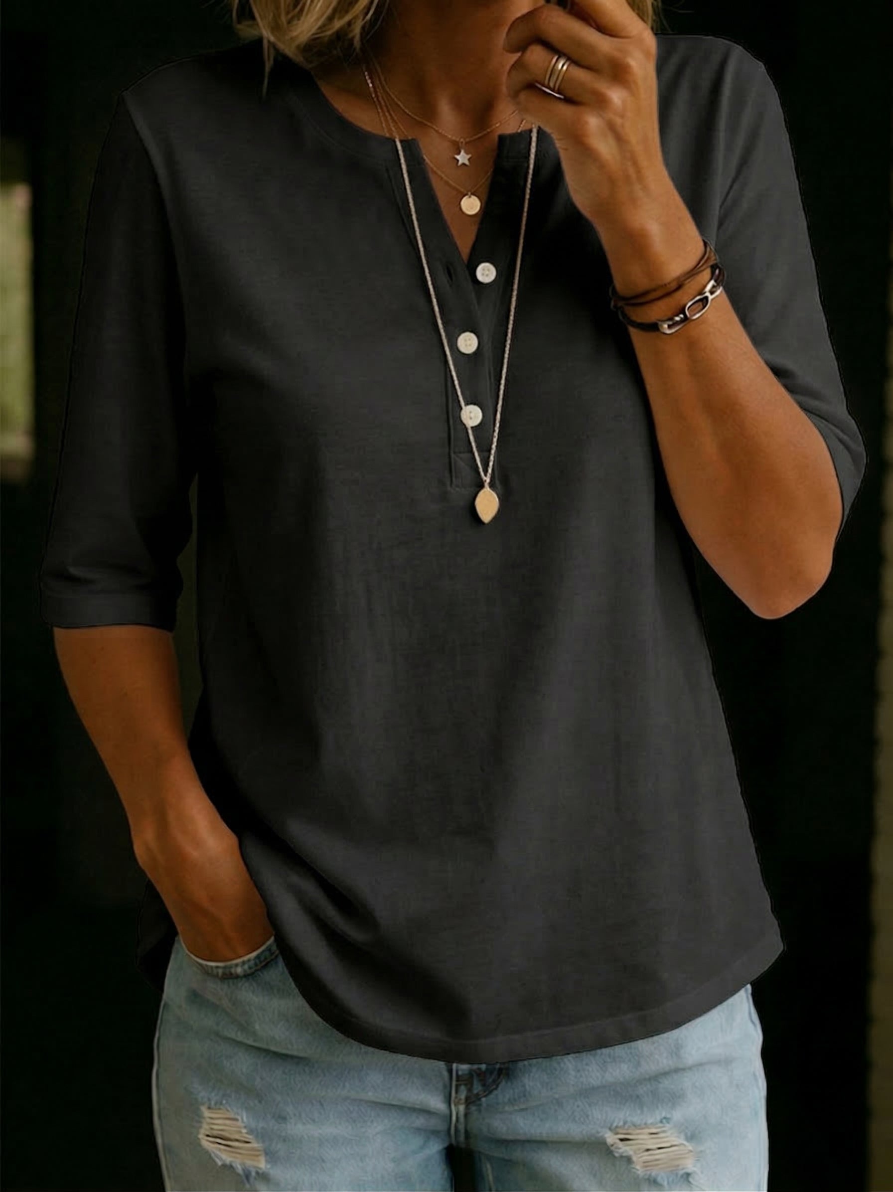 Carmella | Comfortable Solid Button-Neck Henley Top