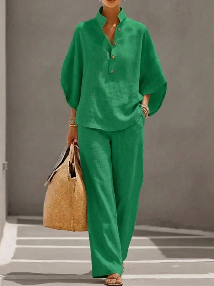 Michelle | Linen Batwing Sleeve Top & Wide-Leg Pants Set