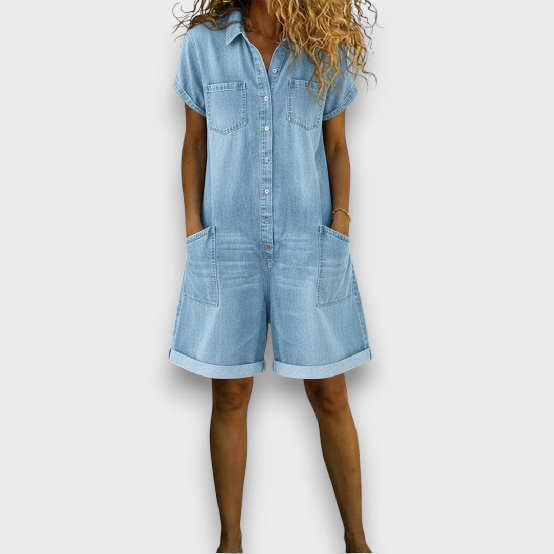 Joan | Short Cotton Denim Effect Overalls