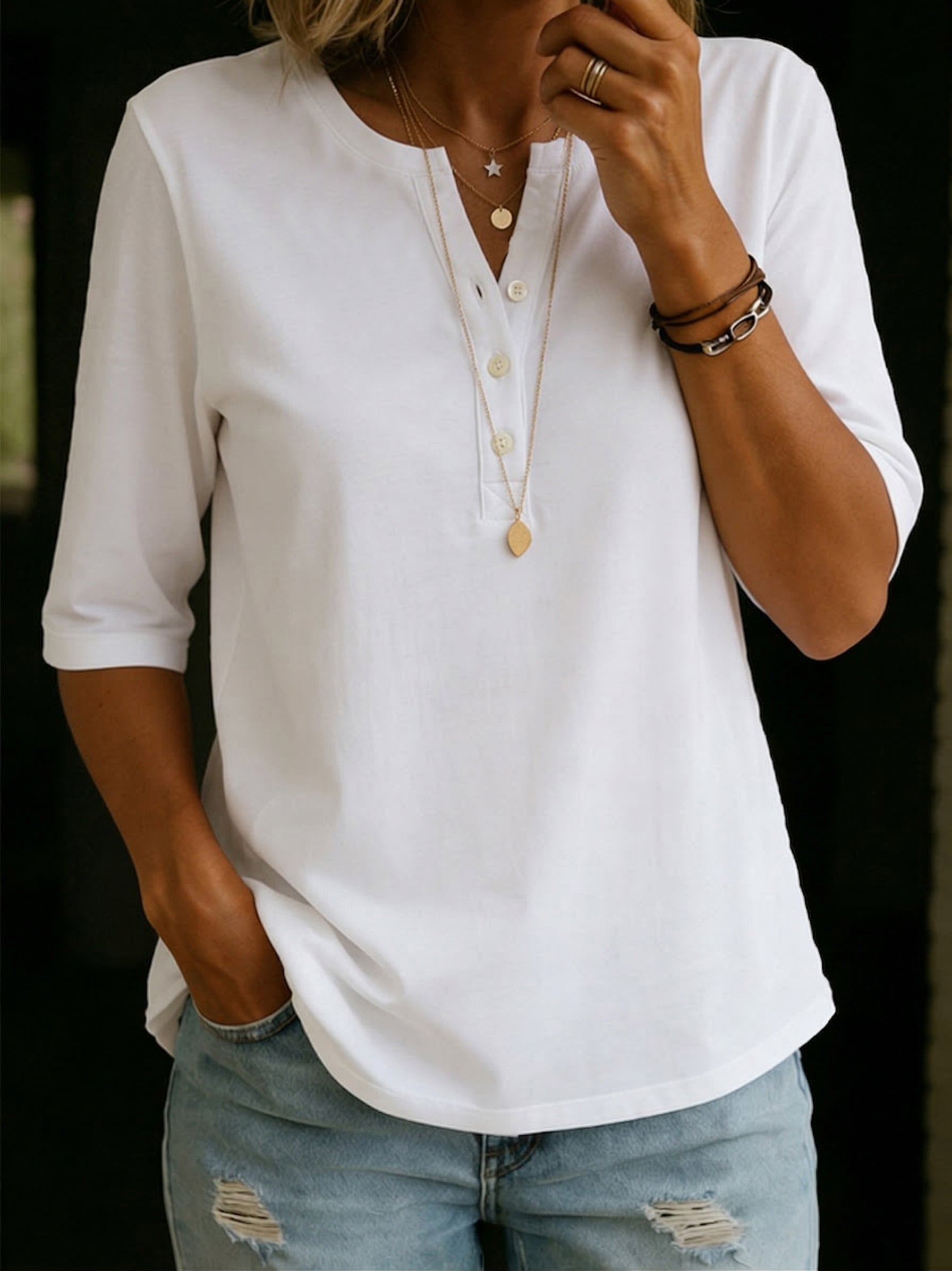 Carmella | Comfortable Solid Button-Neck Henley Top