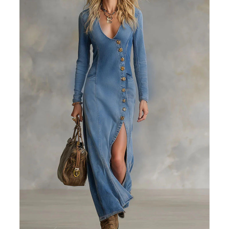 Liliene | Long-Sleeve Maxi Dress with V-Neck for Women -  Elegant, Comfortable & Figure-Hugging