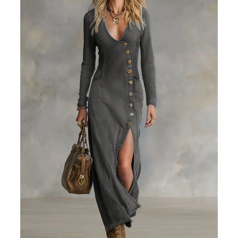 Liliene | Long-Sleeve Maxi Dress with V-Neck for Women -  Elegant, Comfortable & Figure-Hugging