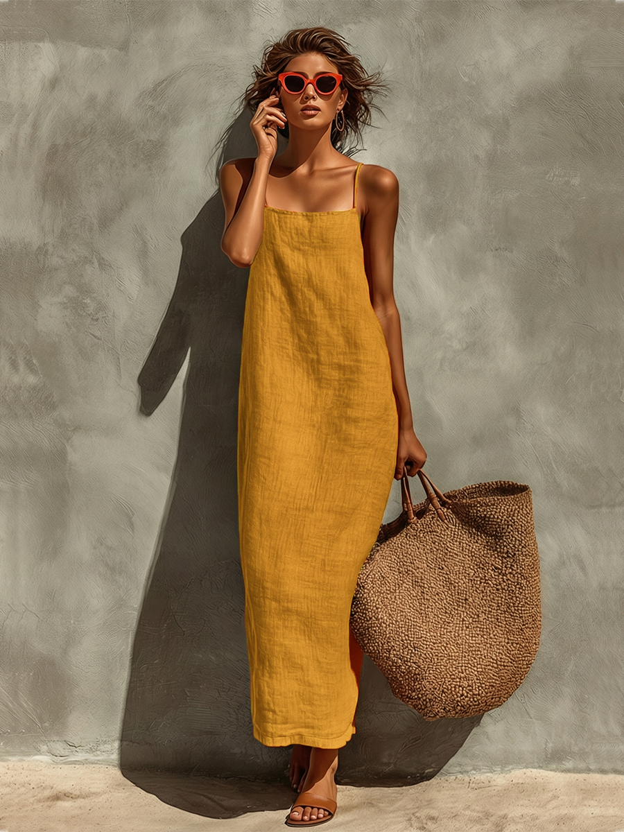 Nathalia | Red Cotton Dress With Spaghetti Straps & Square Neck Timeless Boho-Resort Style Dress